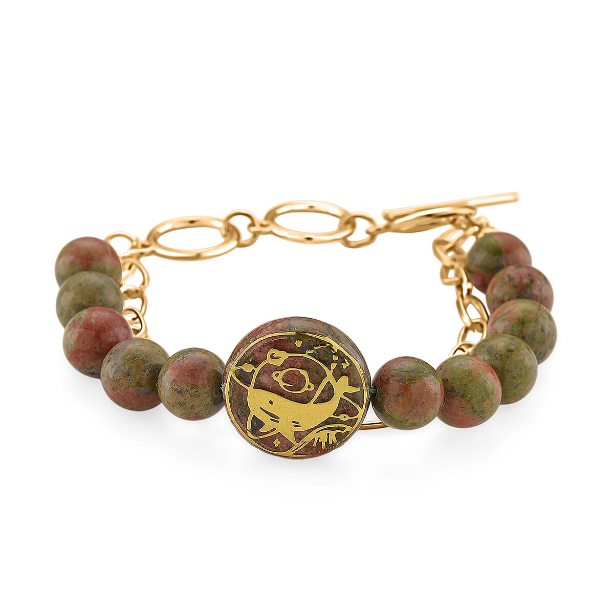 Unakite 140.00 ctw Beaded and Paper Clip Chain Bracelet in Goldtone (6.50-8.50In) image number 0