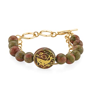 Unakite 140.00 ctw Beaded and Paper Clip Chain Bracelet in Goldtone (6.50-8.50In)