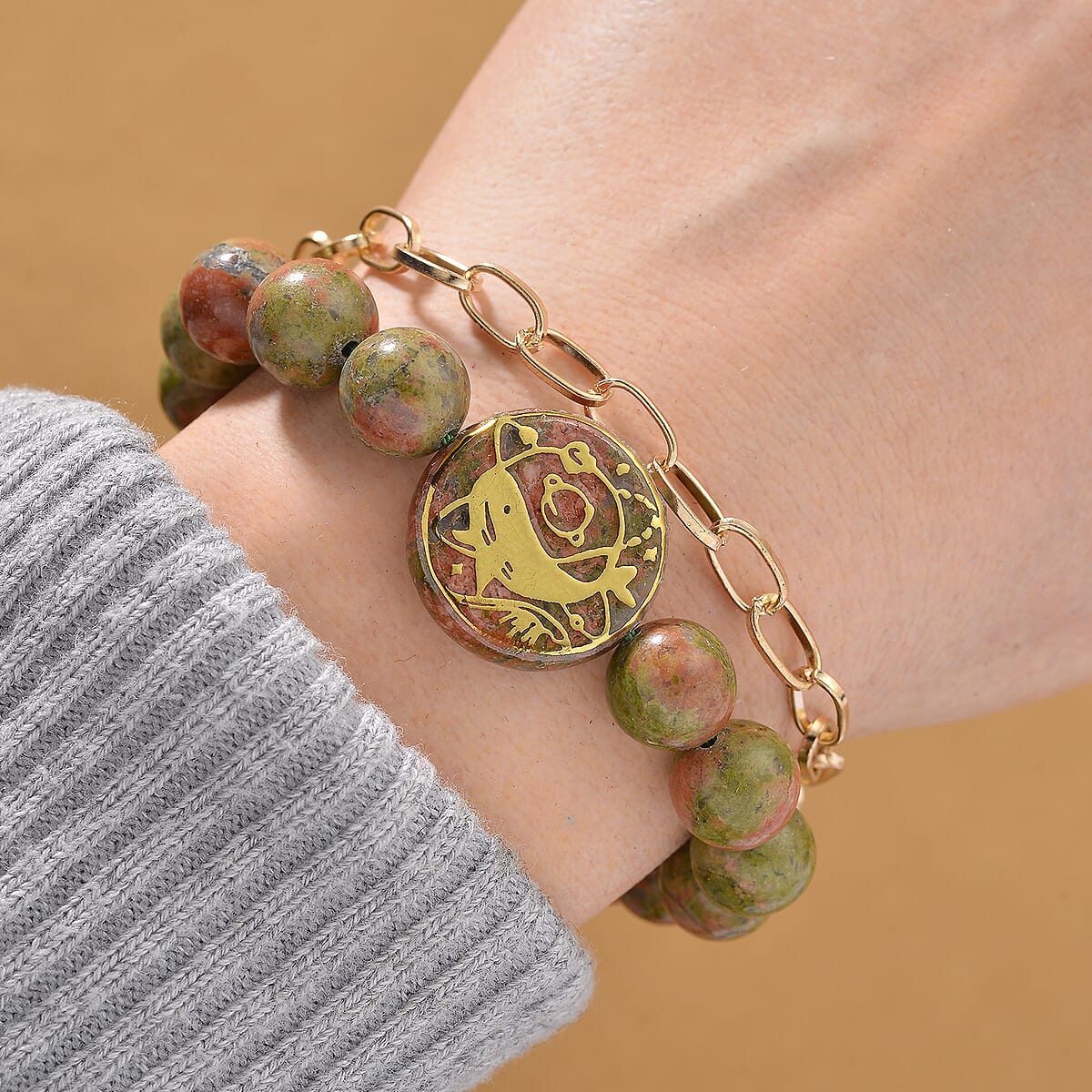 Unakite 140.00 ctw Beaded and Paper Clip Chain Bracelet in Goldtone (6.50-8.50In) image number 1