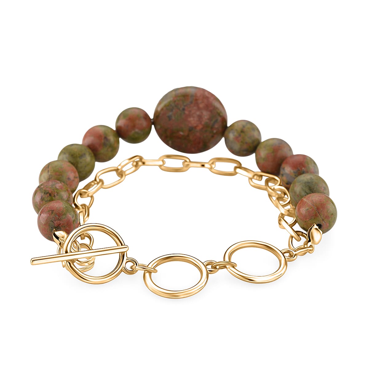 Unakite 140.00 ctw Beaded and Paper Clip Chain Bracelet in Goldtone (6.50-8.50In) image number 2