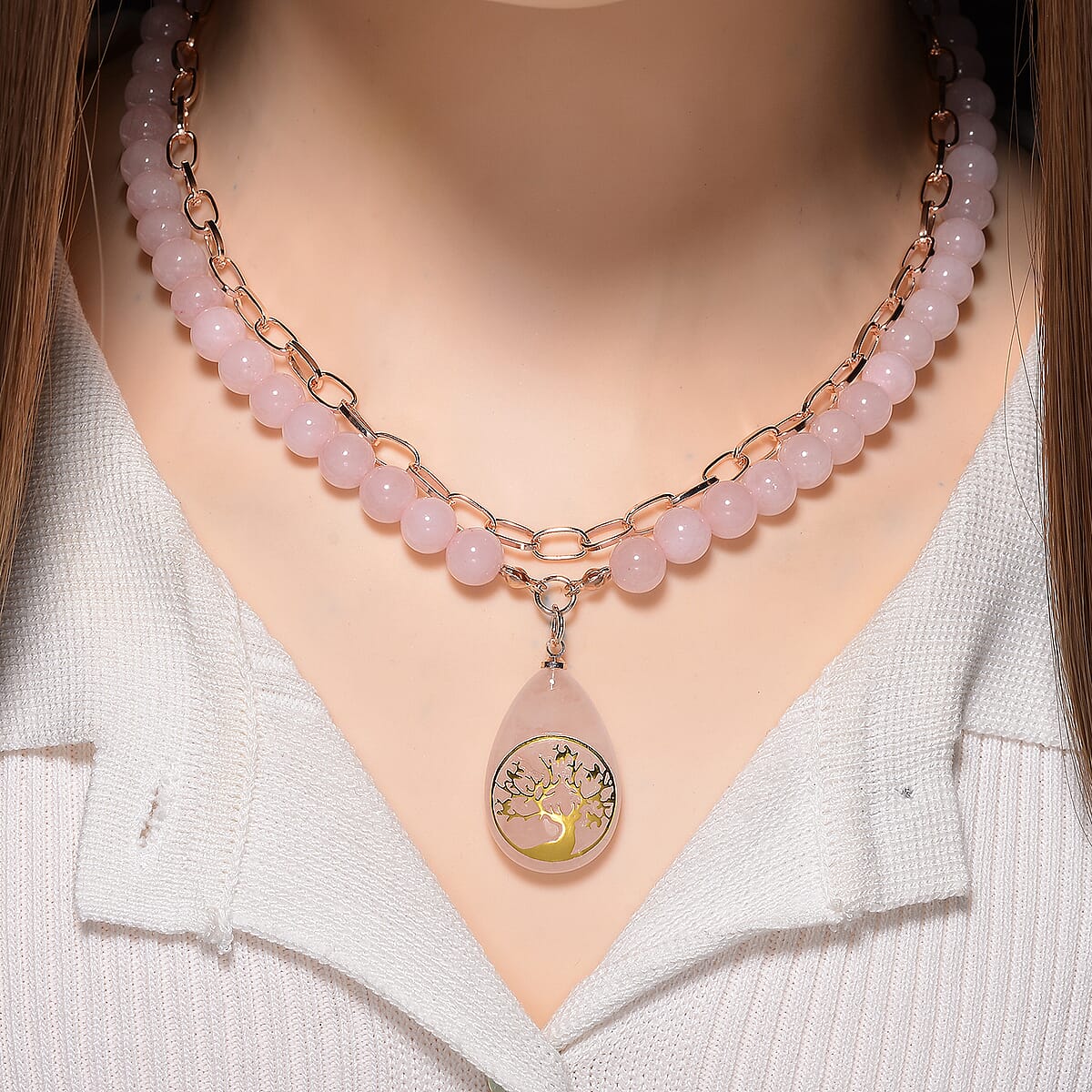 Galilea Rose Quartz 250.00 ctw Drop Pendant with Beaded and Paper Clip Chain Necklace 18-20 Inches in Rosetone image number 1