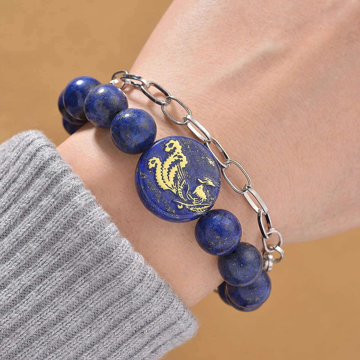Lapis Lazuli 140.00 ctw Beaded and Paper Clip Chain Bracelet in Silvertone (6.50-8.50In) image number 1