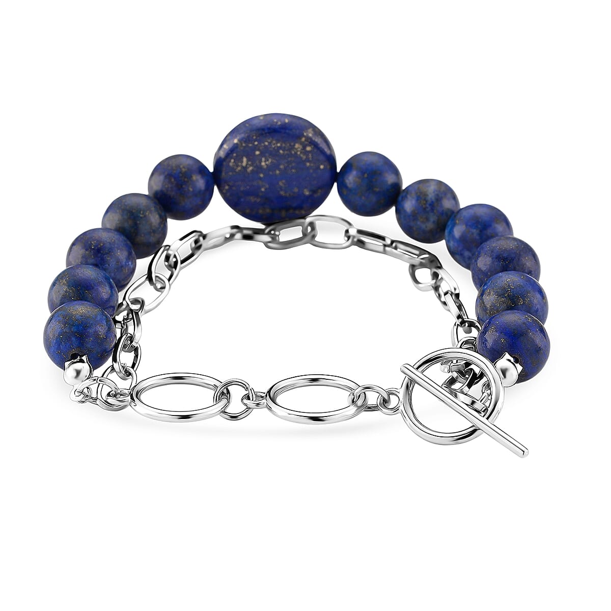 Lapis Lazuli 140.00 ctw Beaded and Paper Clip Chain Bracelet in Silvertone (6.50-8.50In) image number 2