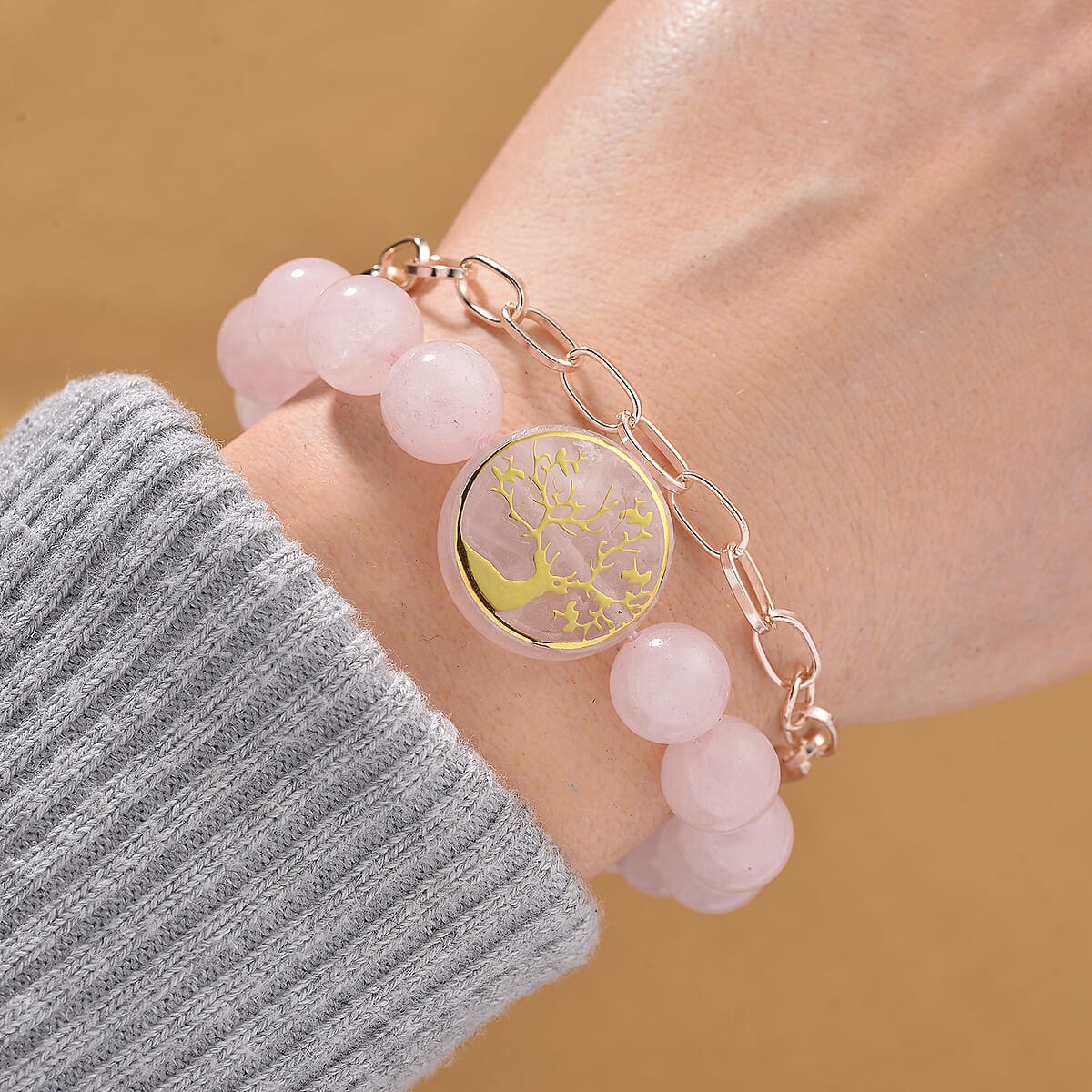 Galilea Rose Quartz 140.00 ctw Beaded and Paper Clip Chain Bracelet in Rosetone (6.50-8.50In) image number 1