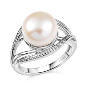 D'Joy Freshwater Pearl Split Shank Ring in Rhodium Over Sterling Silver (Size 10.0)