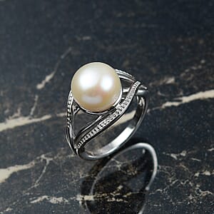 D'Joy Freshwater Pearl Split Shank Ring in Rhodium Over Sterling Silver (Size 6.0)