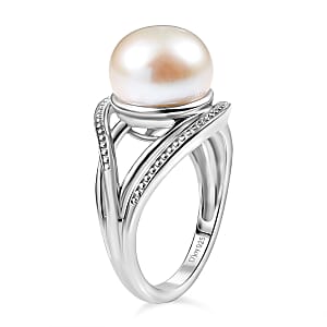 D'Joy Freshwater Pearl Split Shank Ring in Rhodium Over Sterling Silver (Size 6.0)