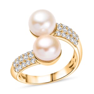 Ever True Peach and White Freshwater Pearl and White Zircon 0.50 ctw Bypass Ring in 18K Yellow Gold Plated (Size 10.0)