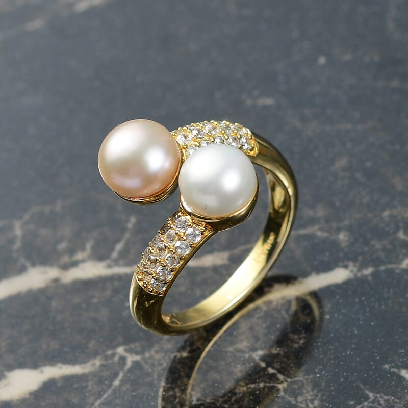 EverTrue Peach and White Freshwater Pearl and White Zircon 0.50 ctw Twin Moons Bypass Ring in 18K Yellow Gold Plated (Size 10.0)