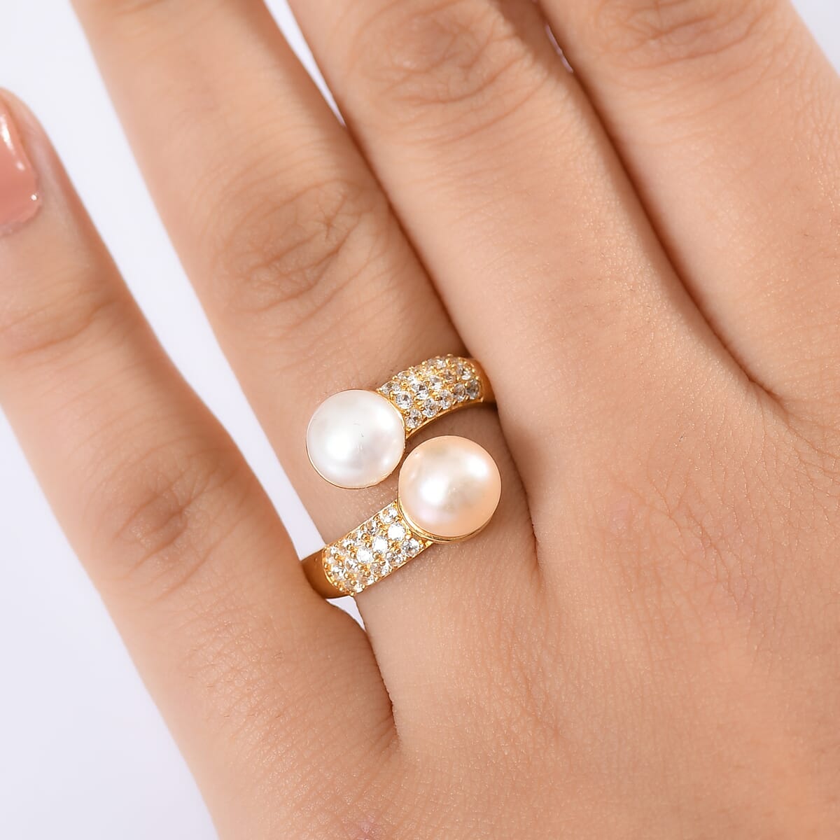 Ever True Peach and White Freshwater Pearl and White Zircon 0.50 ctw Bypass Ring in 18K Yellow Gold Plated (Size 10.0) image number 2