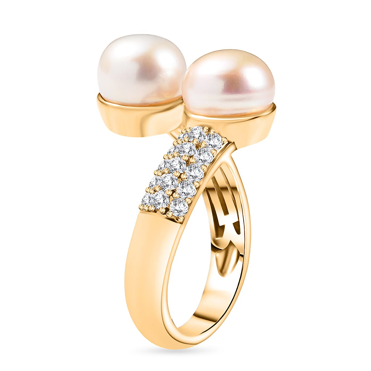EverTrue Peach and White Freshwater Pearl and White Zircon 0.50 ctw Twin Moons Bypass Ring in 18K Yellow Gold Plated (Size 10.0)