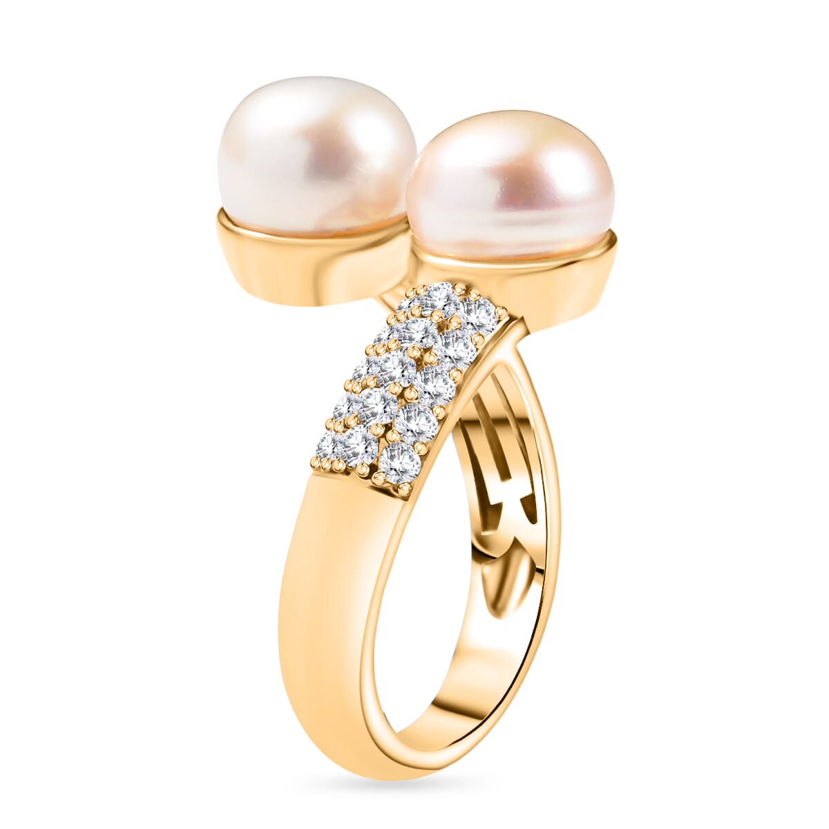 Ever True Peach and White Freshwater Pearl and White Zircon 0.50 ctw Bypass Ring in 18K Yellow Gold Plated (Size 10.0) image number 3