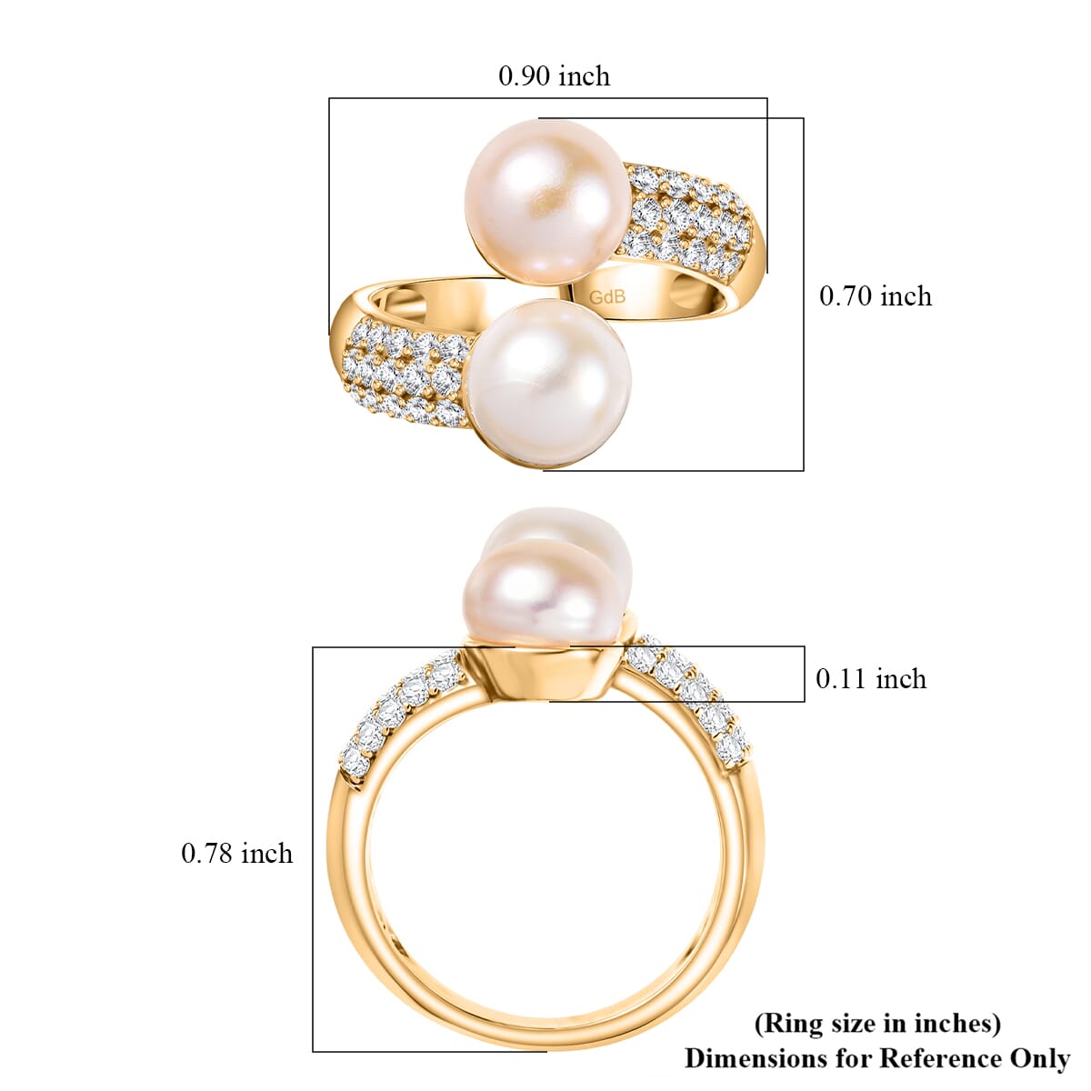 Ever True Peach and White Freshwater Pearl and White Zircon 0.50 ctw Bypass Ring in 18K Yellow Gold Plated (Size 10.0) image number 5