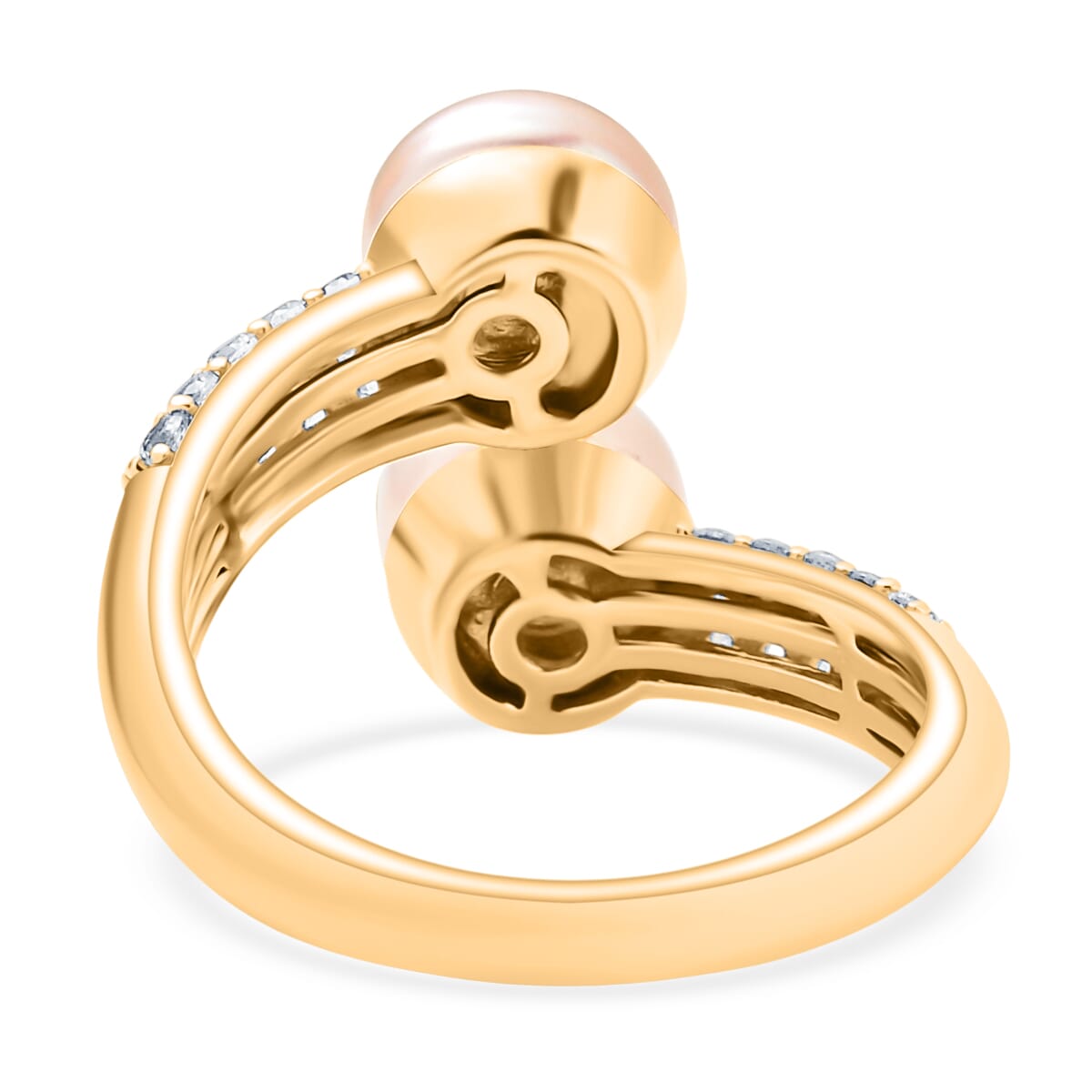 Ever True Peach and White Freshwater Pearl and White Zircon 0.50 ctw Twin Moons Bypass Ring in 18K Yellow Gold Plated (Size 8.0) image number 4