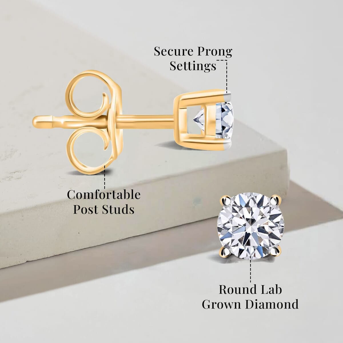 IGI Certified Luxuriant Lab Grown Diamond E-F VS 1.00 ctw Solitaire Stud Earrings in 10K Yellow Gold image number 5