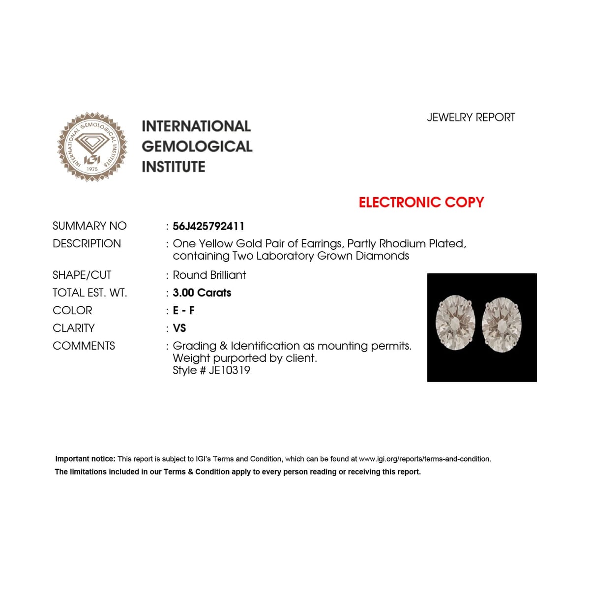 IGI Certified Luxuriant Lab Grown Diamond E-F VS 3.00 ctw Solitaire Stud Earrings in 10K Yellow Gold image number 5