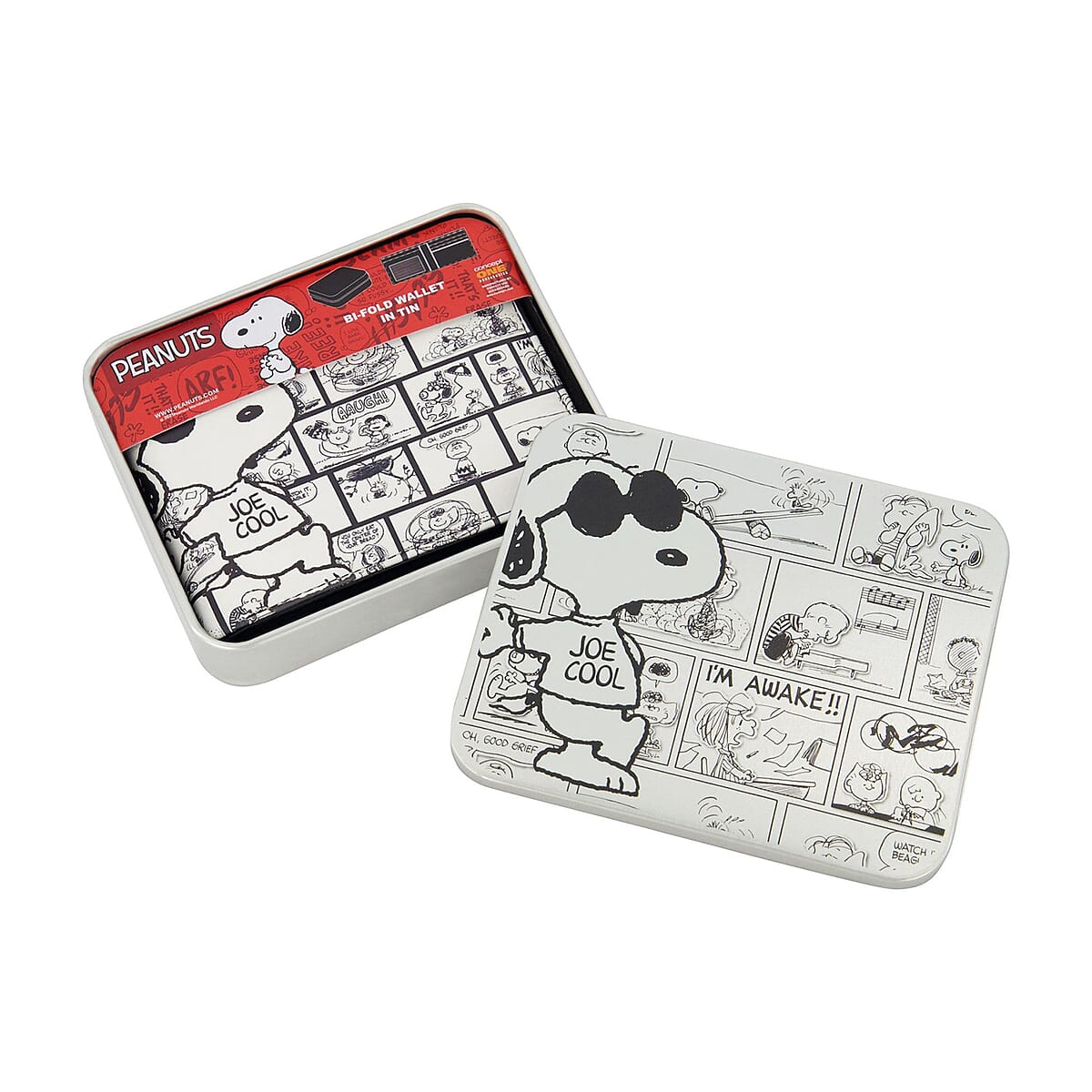 Snoopy Joe Cool White and Gray Faux Leather Bifold Wallet in Tin image number 0