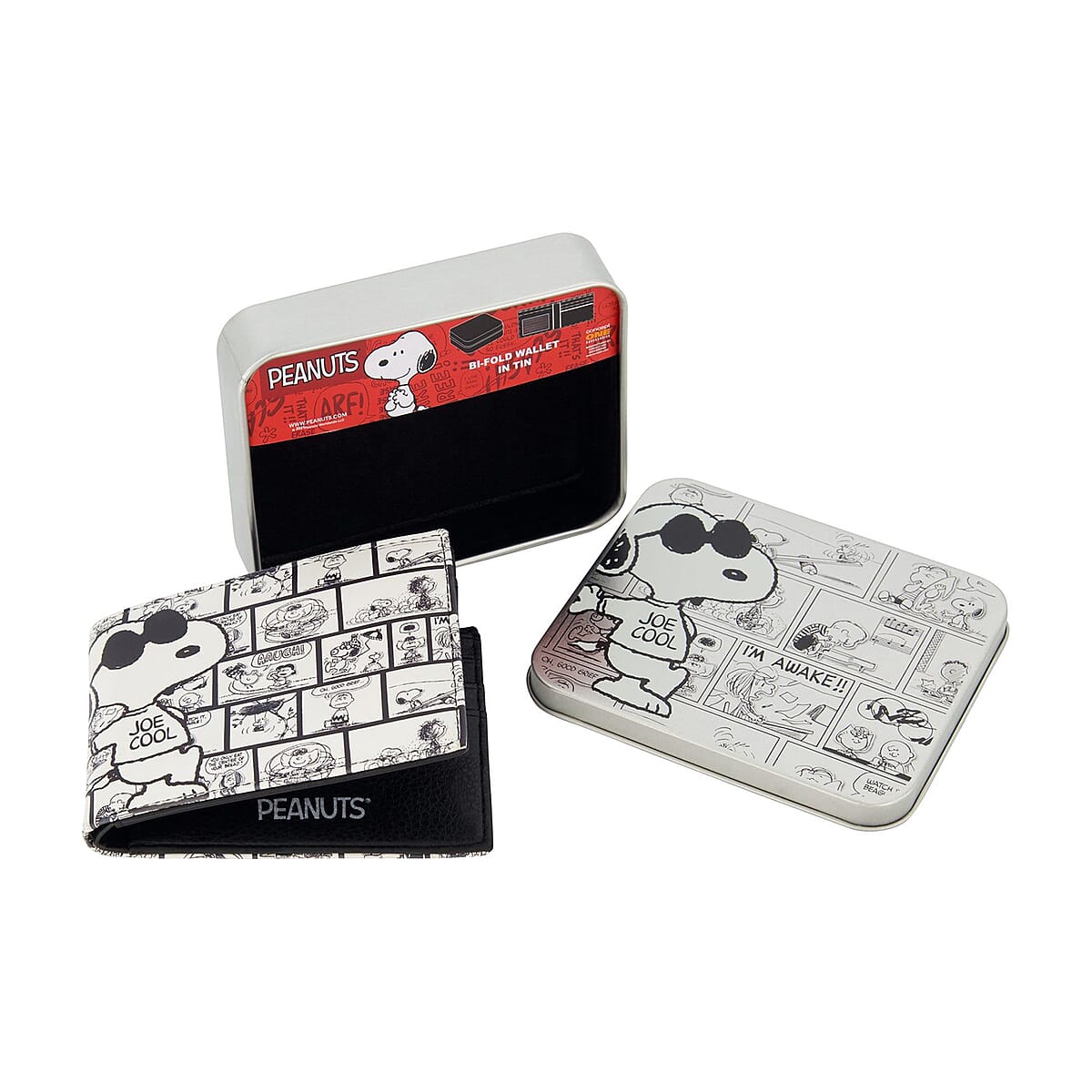 Snoopy Joe Cool White and Gray Faux Leather Bifold Wallet in Tin image number 3