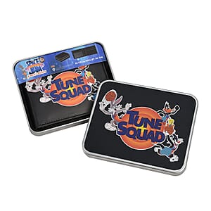 Space Jam Black with Multi Color Tune Squad Faux Leather Bifold Wallet in Tin