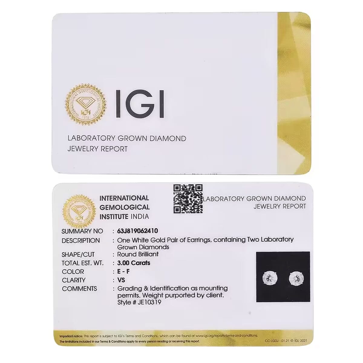 IGI Certified Luxuriant Lab Grown Diamond E-F VS 3.00 ctw Solitaire Stud Earrings in 14K White Gold image number 8