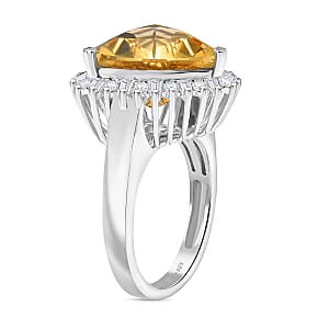 D&rsquo;joy Yellow Labradorite and Moissanite 8.50 ctw Solar Crown Ring in Rhodium Over Sterling Silver (Size 10.0) 