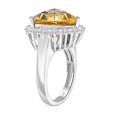 D’joy Yellow Labradorite and Moissanite 8.50 ctw Solar Crown Ring in Rhodium Over Sterling Silver (Size 10.0) 