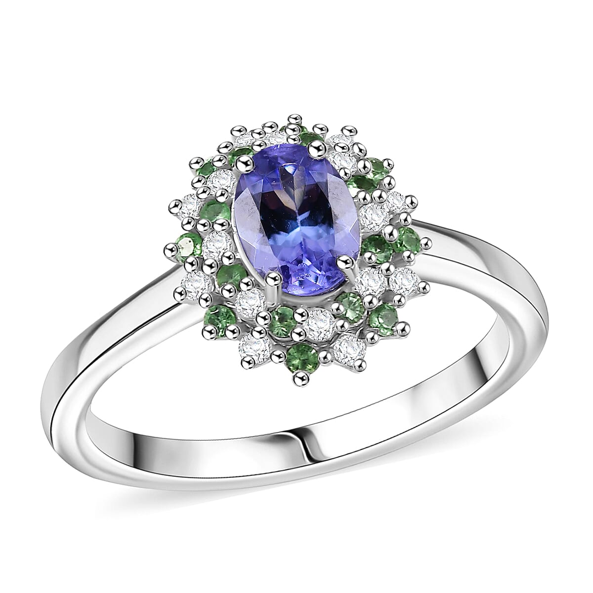 D'Joy Tanzanite and Multi Gemstone 1.15 ctw Blooming Flower Ring in Rhodium Over Sterling Silver (Size 6.0) image number 0