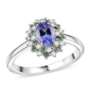 D’Joy Tanzanite and Multi Gemstone 1.15 ctw Blooming Flower Ring in Rhodium Over Sterling Silver (Size 7.0)