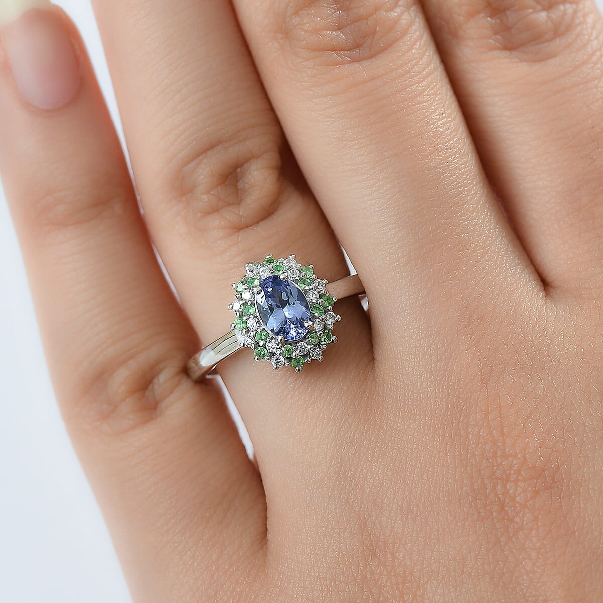 D'Joy Tanzanite and Multi Gemstone 1.15 ctw Blooming Flower Ring in Rhodium Over Sterling Silver (Size 9.0) image number 2