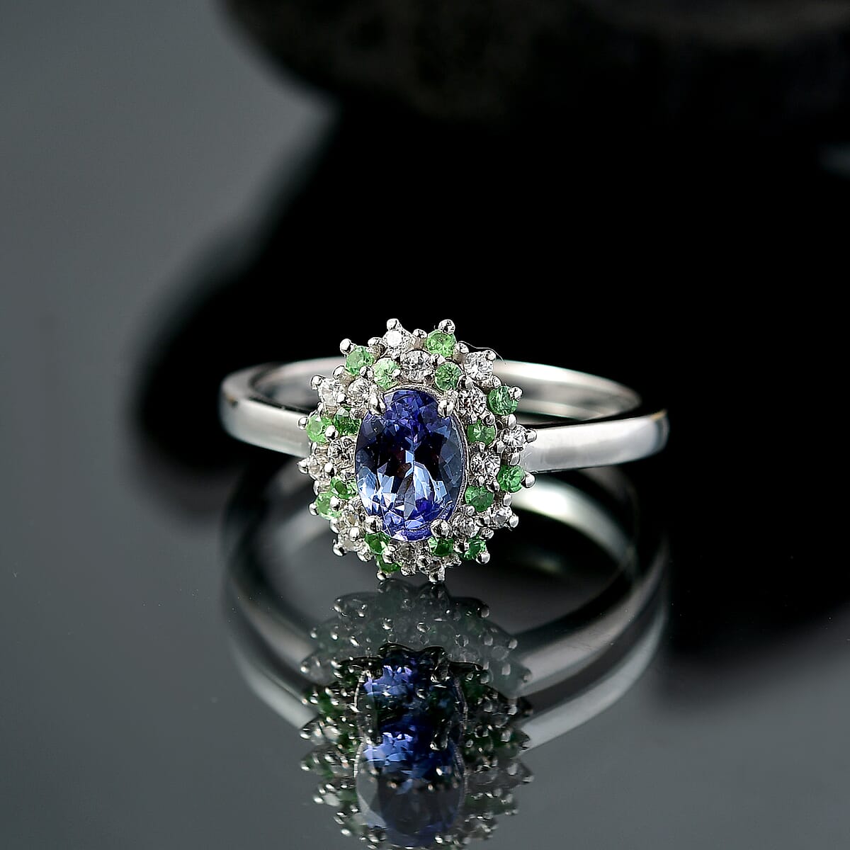 D'Joy Tanzanite and Multi Gemstone 1.15 ctw Blooming Flower Ring in Rhodium Over Sterling Silver (Size 5.0) image number 1
