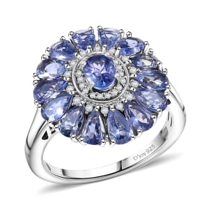 D'Joy Tanzanite and White Zircon 3.75 ctw Blue Dahlia Flower Ring in Rhodium Over Sterling Silver (Size 10.0)