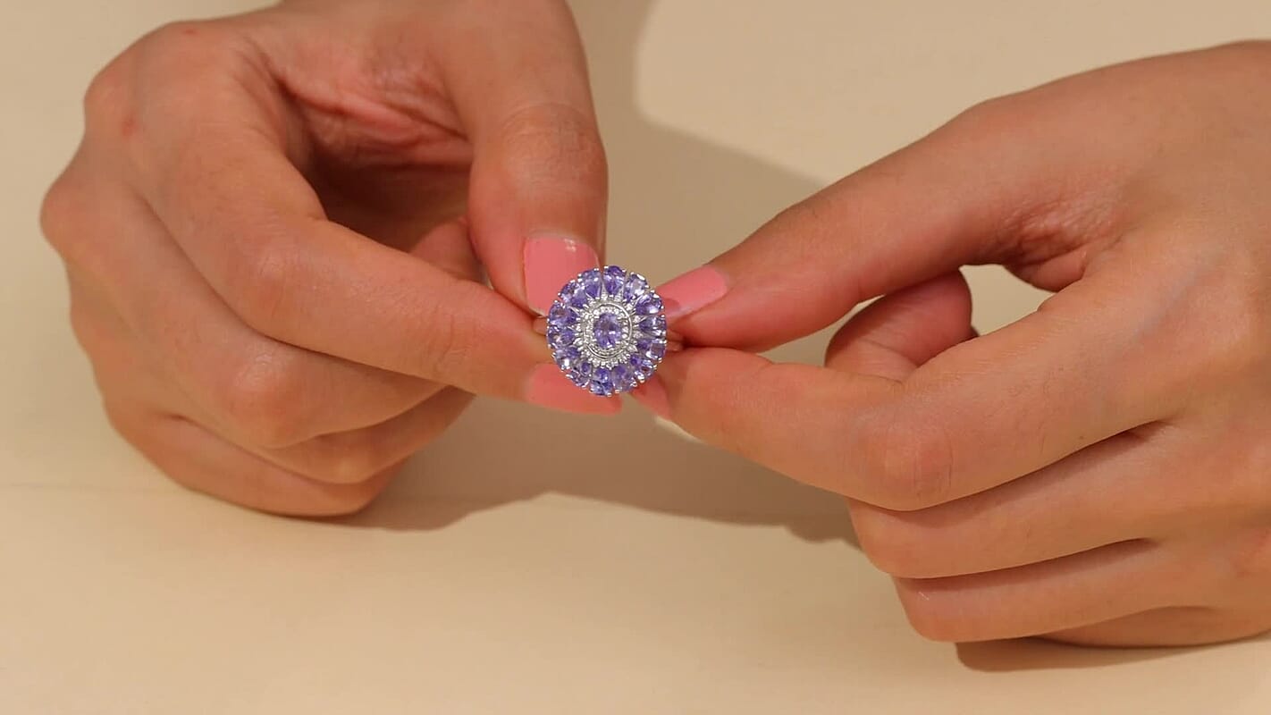 D'Joy Tanzanite and White Zircon 3.75 ctw Dahlia Flower Ring in Rhodium Over Sterling Silver (Size 10.0)
