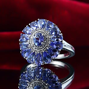 D'Joy Tanzanite and White Zircon 3.75 ctw Blue Dahlia Flower Ring in Rhodium Over Sterling Silver (Size 10.0)