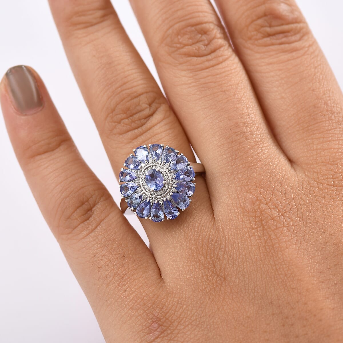 D'Joy Tanzanite and White Zircon 3.75 ctw Blue Dahlia Flower Ring in Rhodium Over Sterling Silver (Size 10.0) image number 2