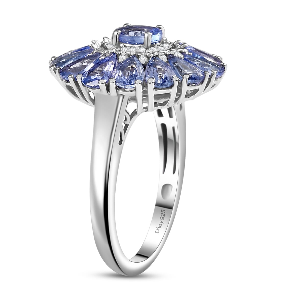 D'Joy Tanzanite and White Zircon 3.75 ctw Blue Dahlia Flower Ring in Rhodium Over Sterling Silver (Size 10.0) image number 3