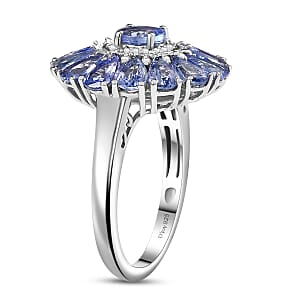 D'Joy Tanzanite and White Zircon 3.75 ctw Blue Dahlia Flower Ring in Rhodium Over Sterling Silver (Size 10.0)