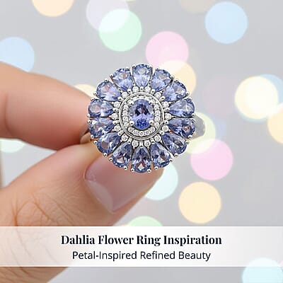 D'Joy Tanzanite and White Zircon 3.75 ctw Blue Dahlia Flower Ring in Rhodium Over Sterling Silver (Size 10.0)