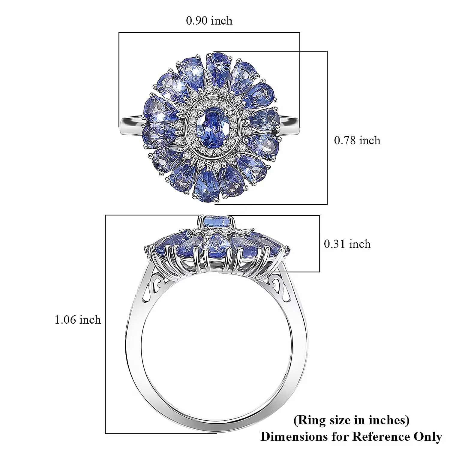 D'Joy Tanzanite and White Zircon 3.75 ctw Blue Dahlia Flower Ring in Rhodium Over Sterling Silver (Size 10.0)
