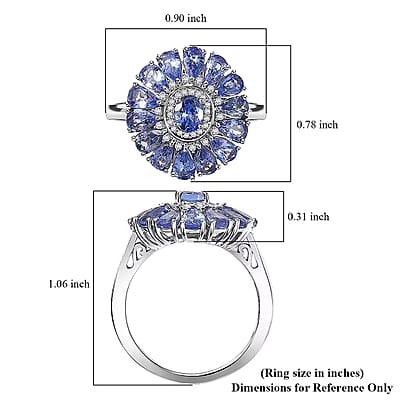 D'Joy Tanzanite and White Zircon 3.75 ctw Blue Dahlia Flower Ring in Rhodium Over Sterling Silver (Size 10.0)