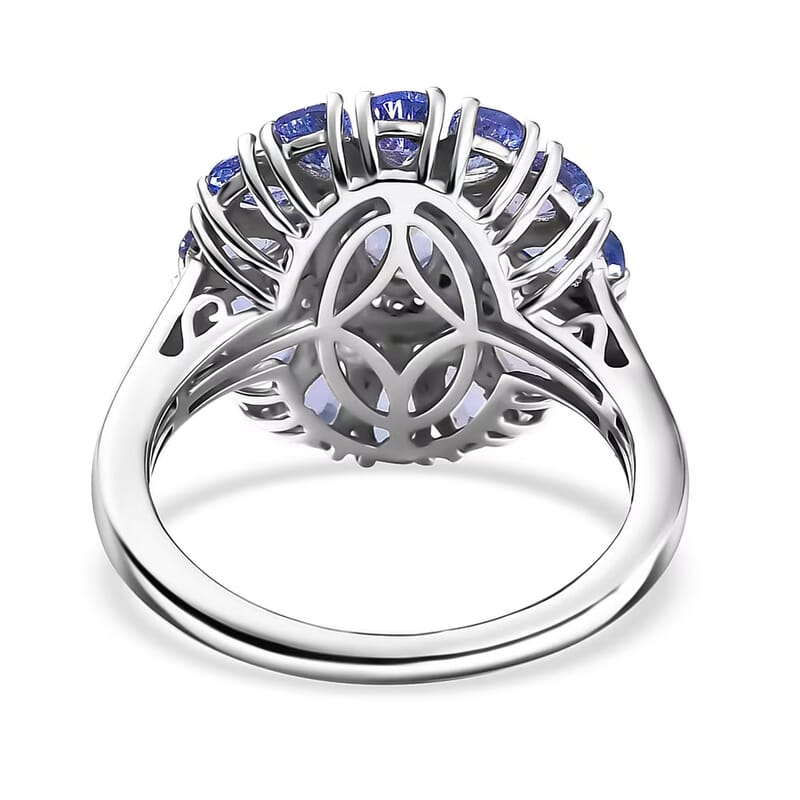 D'Joy Tanzanite and White Zircon 3.75 ctw Blue Dahlia Flower Ring in Rhodium Over Sterling Silver (Size 10.0)