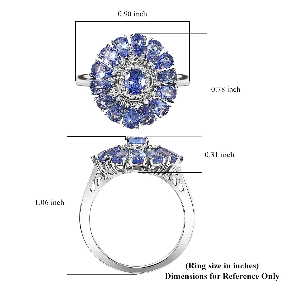 D'Joy Tanzanite and White Zircon 3.75 ctw Blue Dahlia Flower Ring in Rhodium Over Sterling Silver (Size 5.0) image number 5
