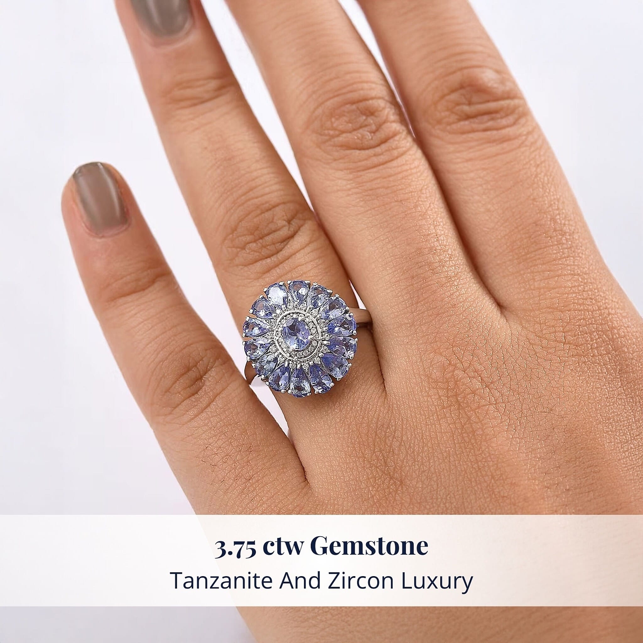 D'Joy Tanzanite and White Zircon 3.75 ctw Dahlia Flower Ring in Rhodium Over Sterling Silver (Size 10.0)
