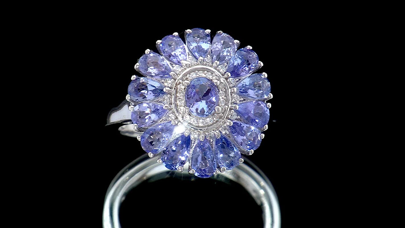 D'Joy Tanzanite and White Zircon 3.75 ctw Dahlia Flower Ring in Rhodium Over Sterling Silver (Size 10.0)