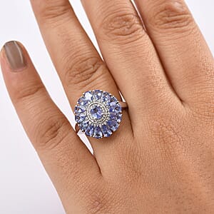 D'Joy Tanzanite and White Zircon 3.75 ctw Blue Dahlia Flower Ring in Rhodium Over Sterling Silver (Size 8.0)