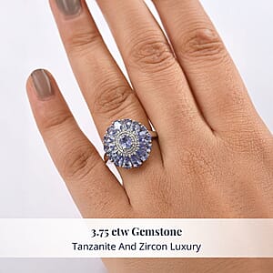 D'Joy Tanzanite and White Zircon 3.75 ctw Blue Dahlia Flower Ring in Rhodium Over Sterling Silver (Size 9.0)