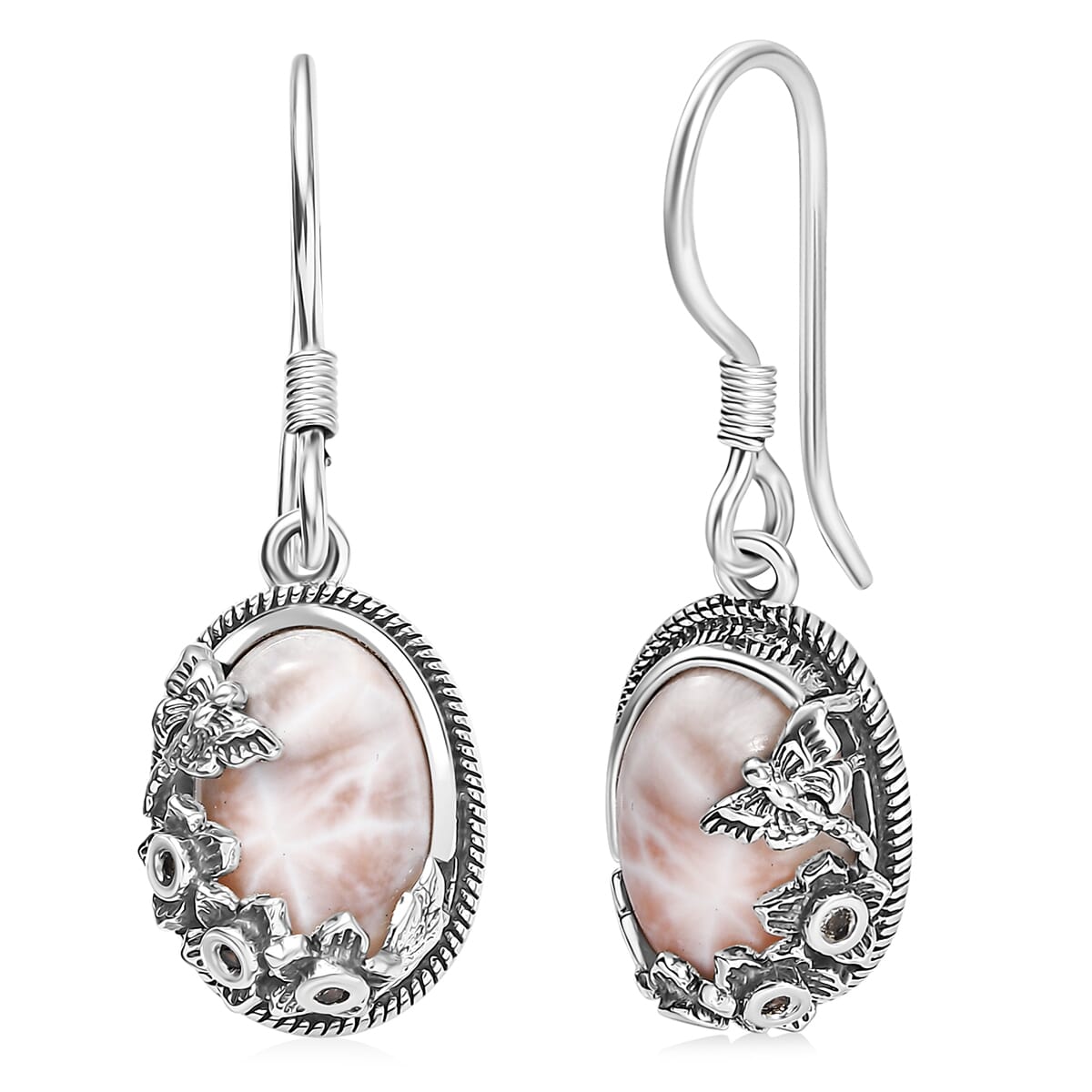 D'Joy Artisan Crafted Pink Natrolite and Natural Champagne Zircon 6.60 ctw Dragonfly with Flower Earrings in Sterling Silver image number 0