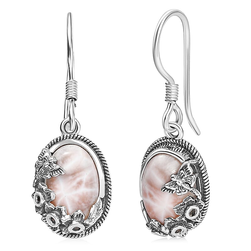 D'Joy Artisan Crafted Pink Natrolite and Natural Champagne Zircon 6.60 ctw Dragonfly with Flower Earrings in Sterling Silver
