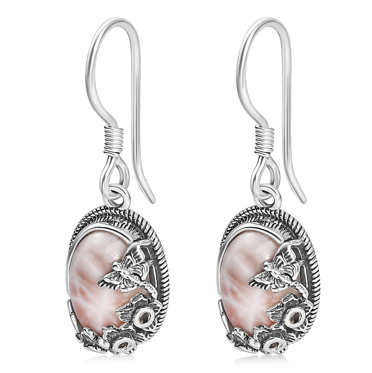 D'Joy Artisan Crafted Pink Natrolite and Natural Champagne Zircon 6.60 ctw Dragonfly with Flower Earrings in Sterling Silver image number 3