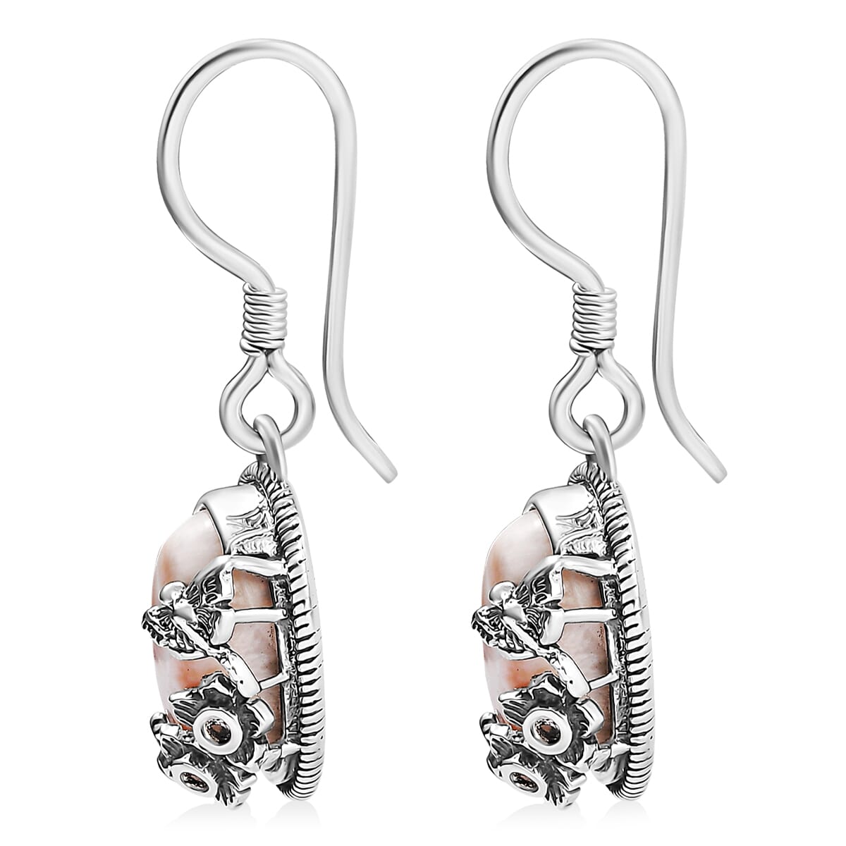 D'Joy Artisan Crafted Pink Natrolite and Natural Champagne Zircon 6.60 ctw Dragonfly with Flower Earrings in Sterling Silver image number 4