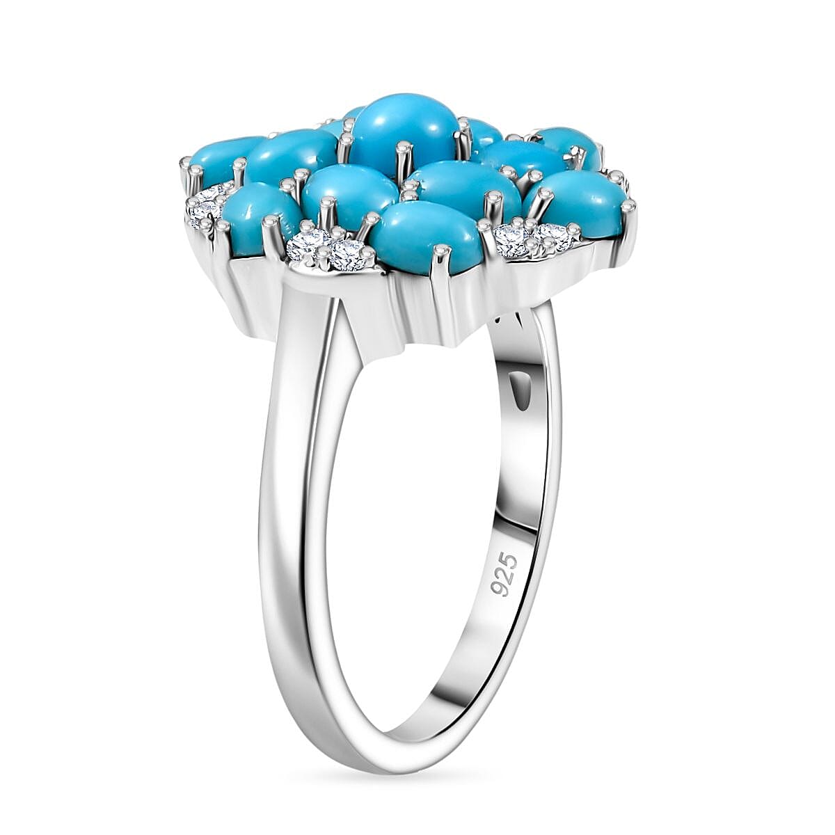 Sleeping Beauty Turquoise and White Zircon 3.85 ctw Ring in Rhodium Over Sterling Silver (Size 8.0)